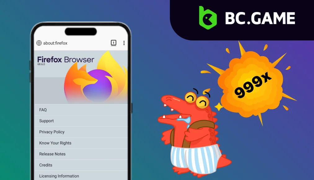 BC.Game guide for clearing Firefox cache and cookies, displaying step-by-step images of accessing browser settings, selecting privacy and security options, and clearing data for improved game performance.