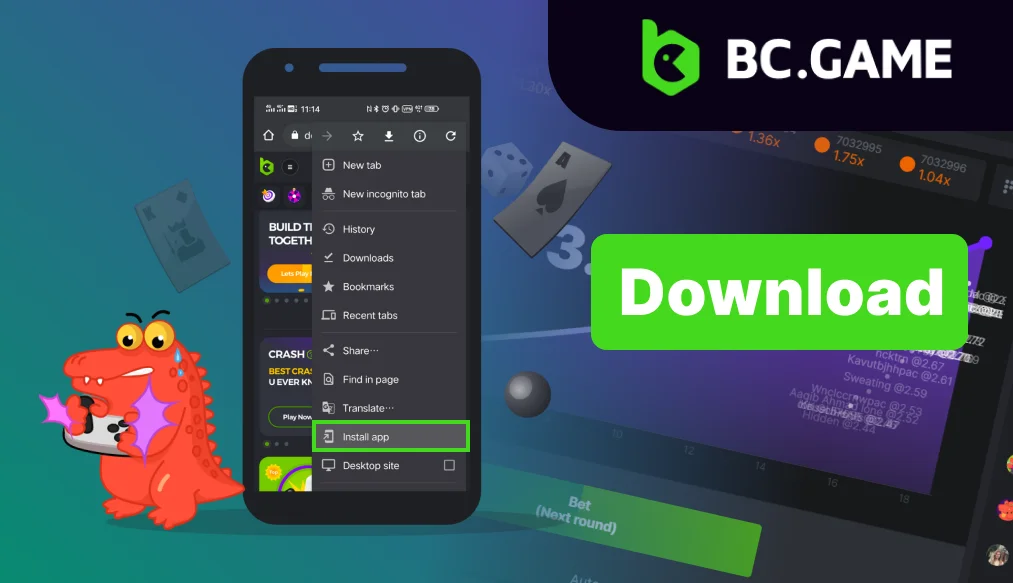 BC.Game Crash Download screen showing a mobile device with the app download page, highlighting options to download for Android and iOS, and start playing the exciting Crash game on the go.