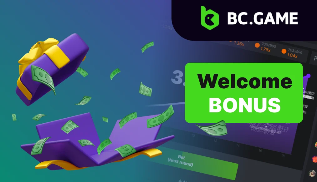 Welcome bonus screen for new players in BC Game Crash, showing a banner with a 300% deposit bonus offer, inviting players to register and start their adventure with extra rewards.