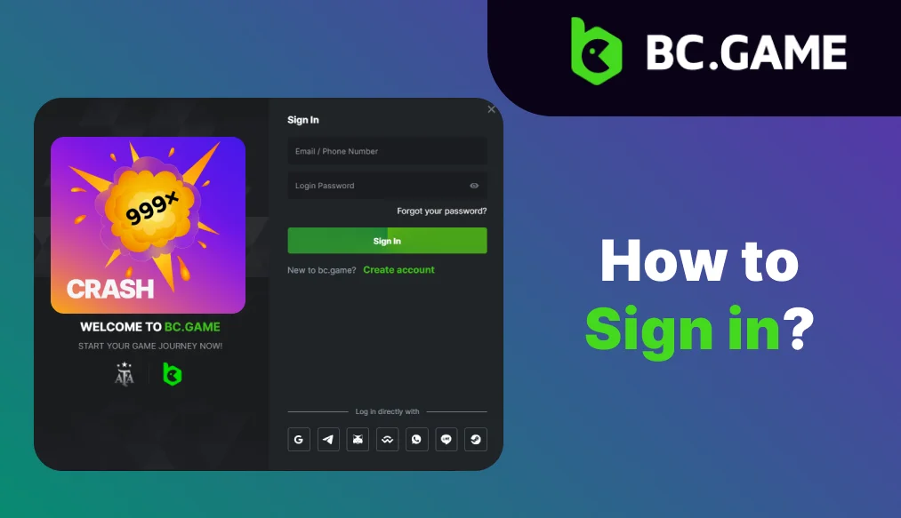 Step-by-step guide to log in to BC.Game Crash Online Slot, featuring input fields for username and password, and a login button for easy access to the game.
