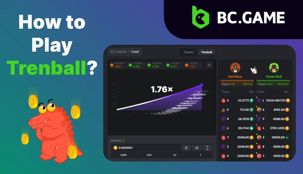 BC Game Crash Trenball game screen, a subtype of Crash, showing a dynamic graph with rising multipliers and betting options, illustrating the excitement and strategy involved in placing bets and stopping the game before it crashes to win.